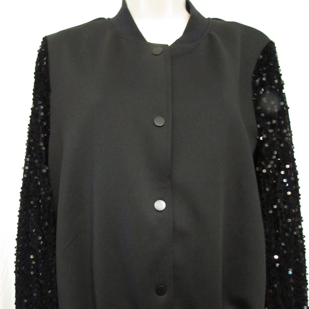 Emery Rose Black Sequin & Velour Sleeve Bomber Jacket Snap Front Sz Sm NWOT